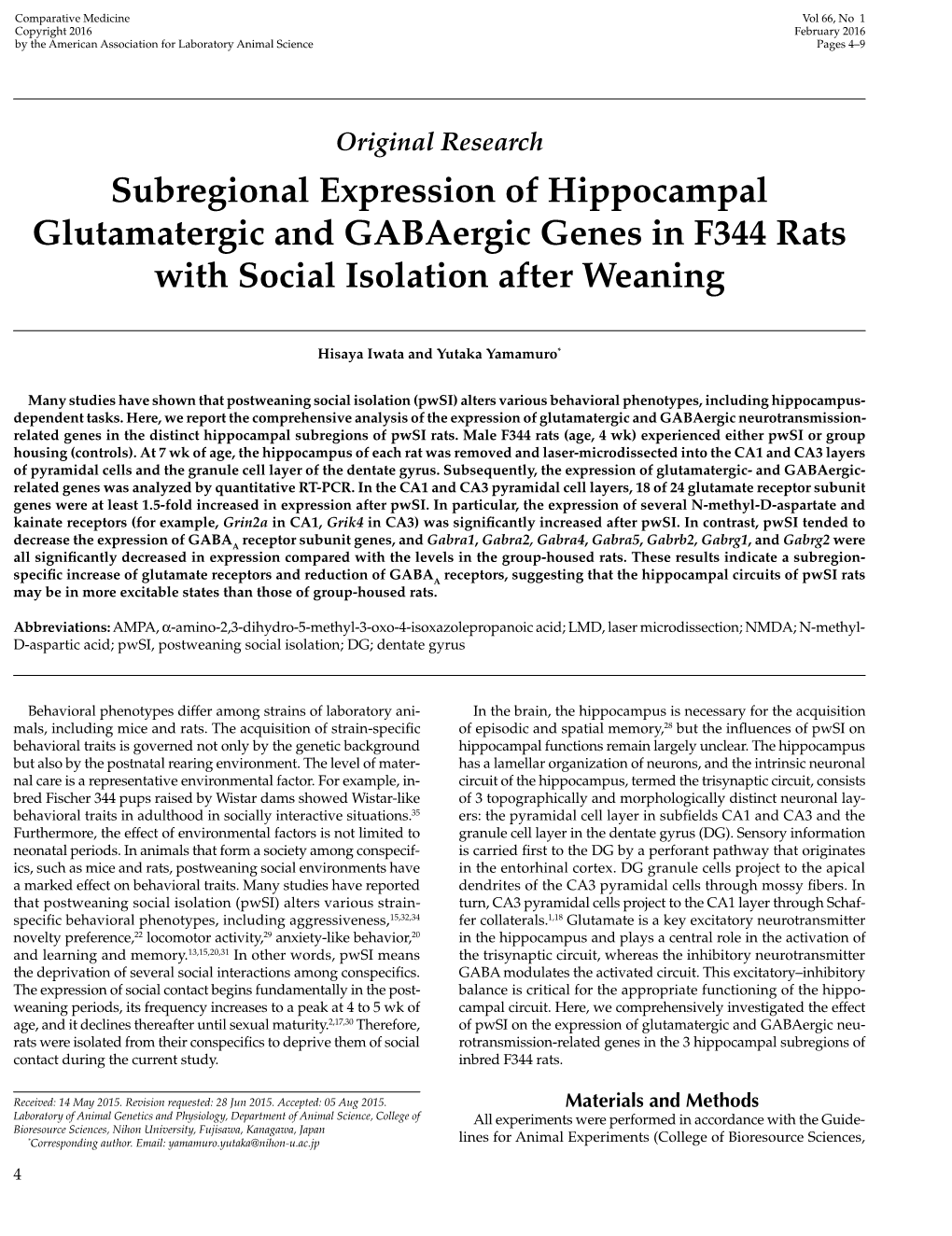 Subregional Expression of Hippocampal Glutamatergic and Gabaergic Genes in F344 Rats with Social Isolation After Weaning