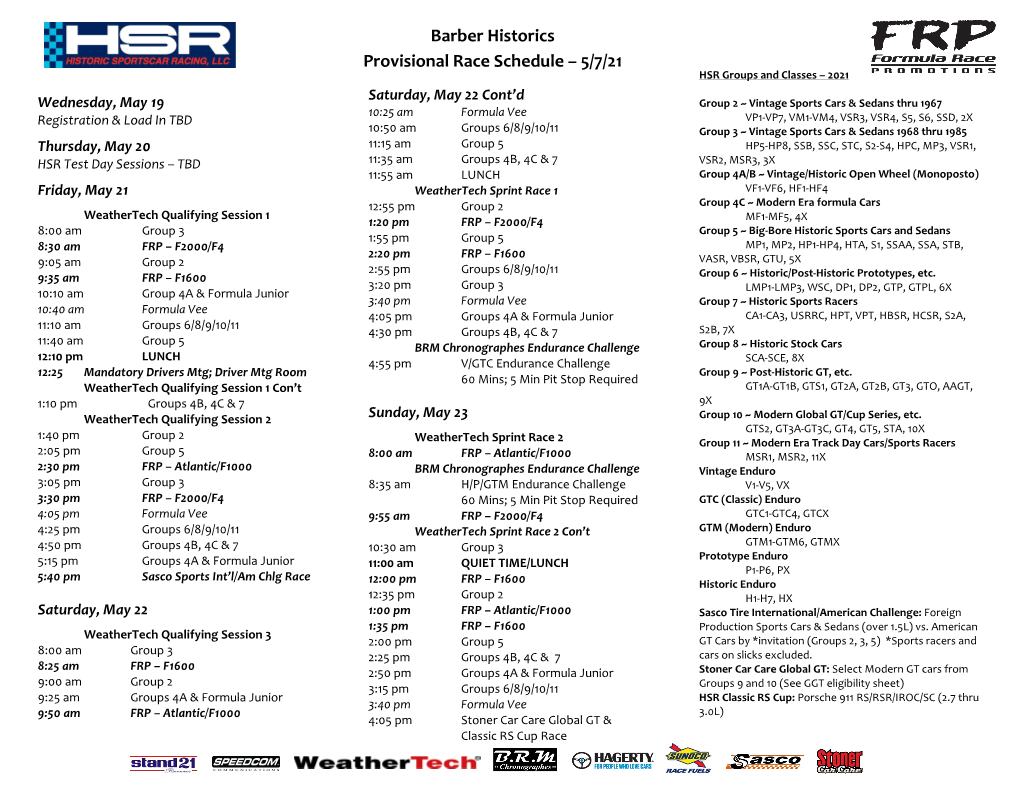 Barber Historics Provisional Race Schedule – 5/7/21