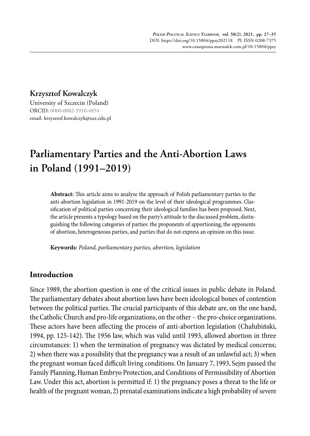 Parliamentary Parties and the Anti-Abortion Laws in Poland (1991–2019)