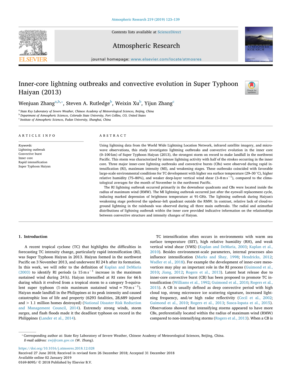 Inner-Core Lightning Outbreaks and Convective Evolution in Super Typhoon Haiyan (2013) T ⁎ Wenjuan Zhanga,B, , Steven A