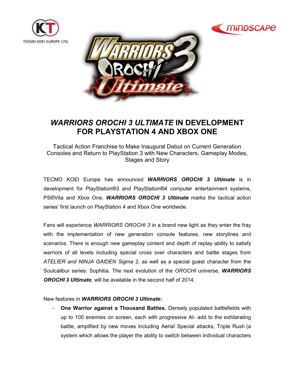 Warriors Orochi 3 Ultimate in Development for Playstation 4 and Xbox One