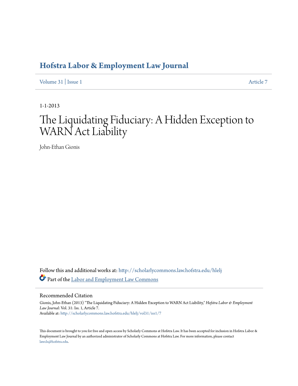 The Liquidating Fiduciary: a Hidden Exception to WARN Act Liability John-Ethan Gionis