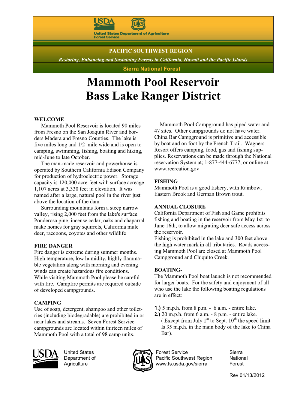 Mammoth Pool Reservoir Bass Lake Ranger District