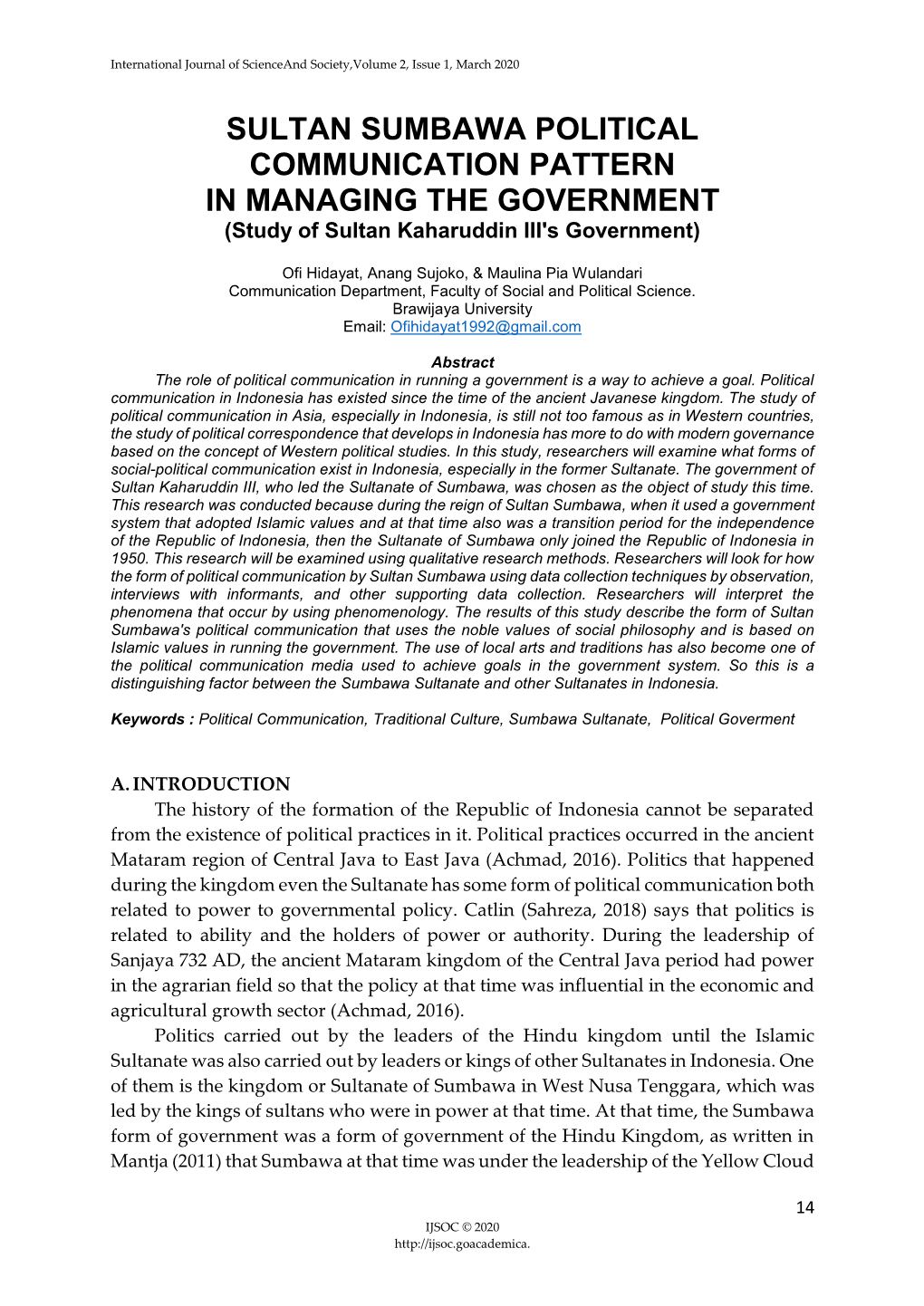 SULTAN SUMBAWA POLITICAL COMMUNICATION PATTERN in MANAGING the GOVERNMENT (Study of Sultan Kaharuddin III's Government)