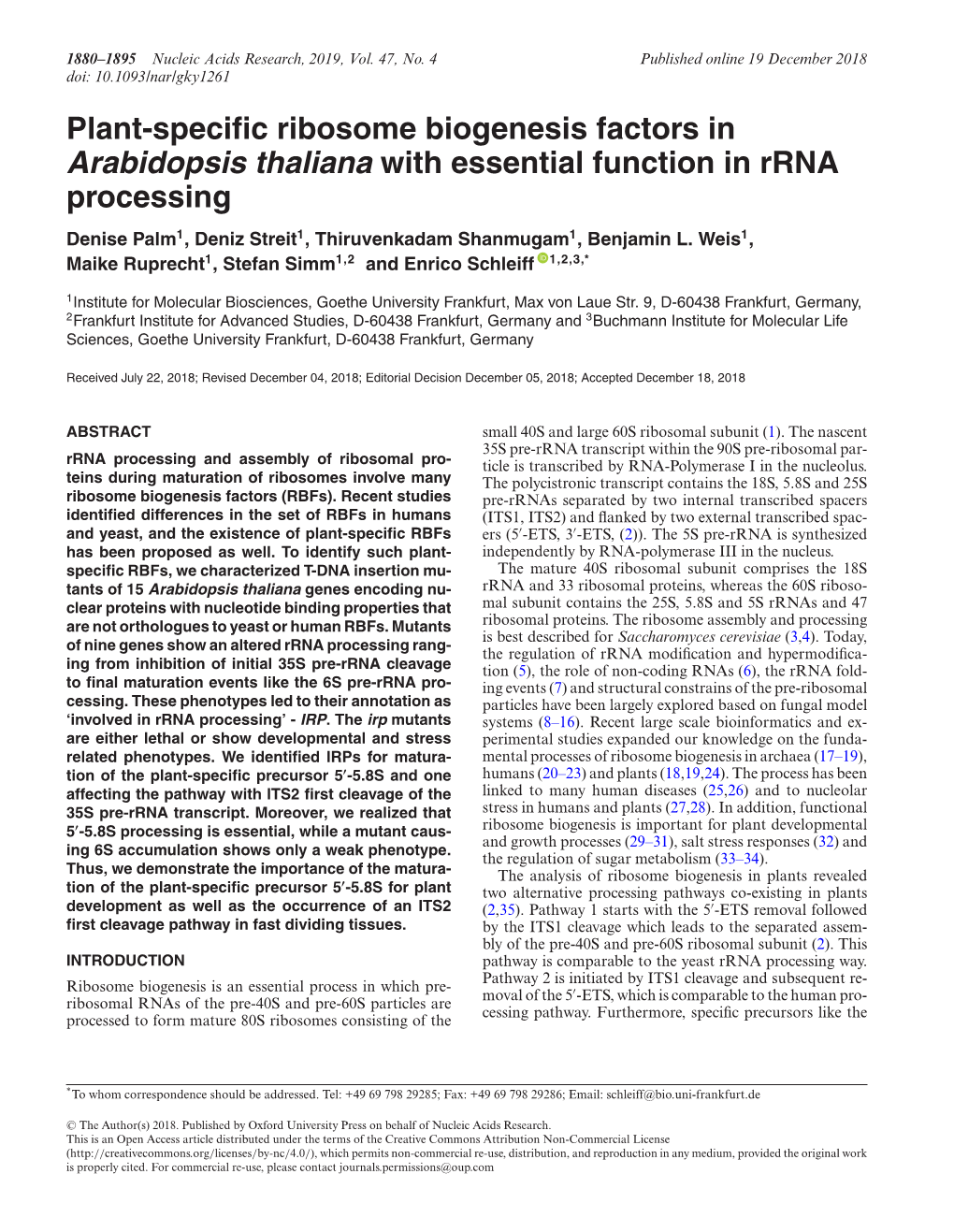 Plant-Specific Ribosome Biogenesis Factors in Arabidopsis Thaliana with Essential Function in Rrna Processing