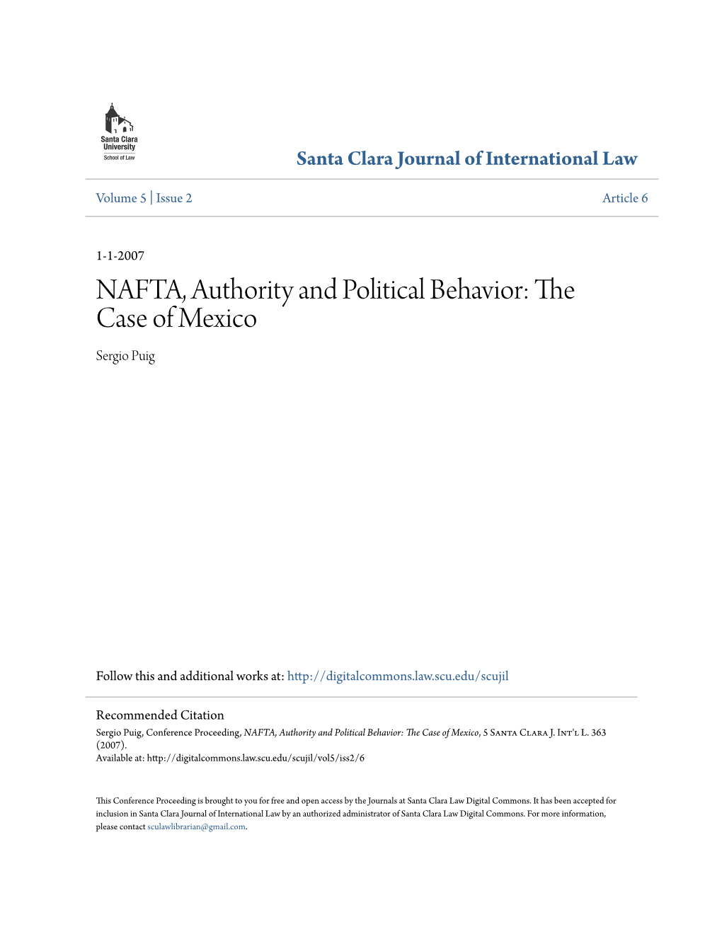 NAFTA, Authority and Political Behavior: the Case of Mexico Sergio Puig