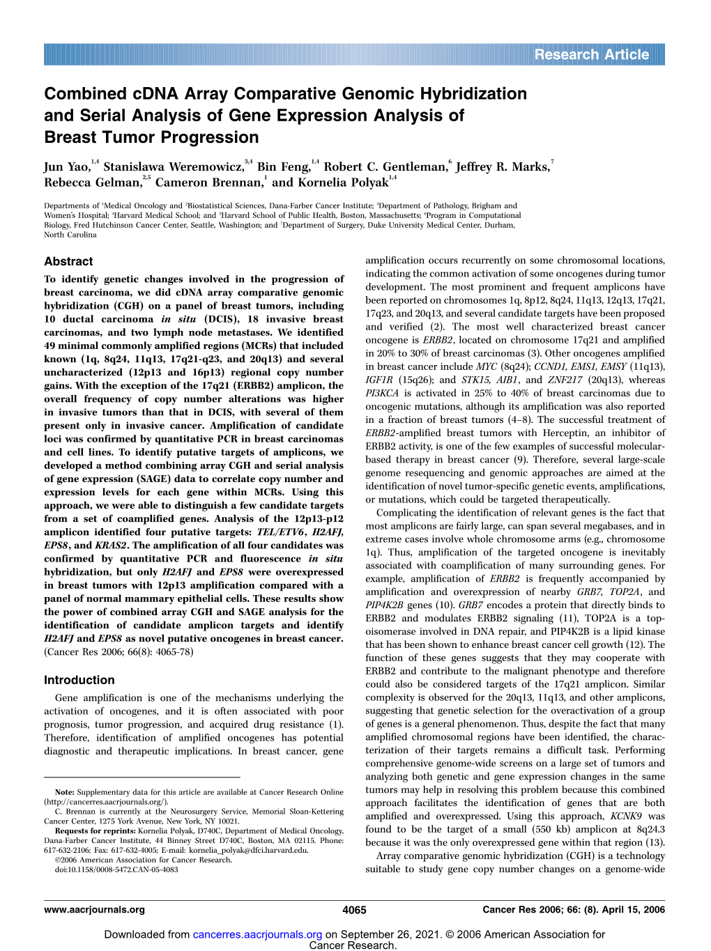 Combined Cdna Array Comparative Genomic Hybridization and Serial Analysis of Gene Expression Analysis of Breast Tumor Progression