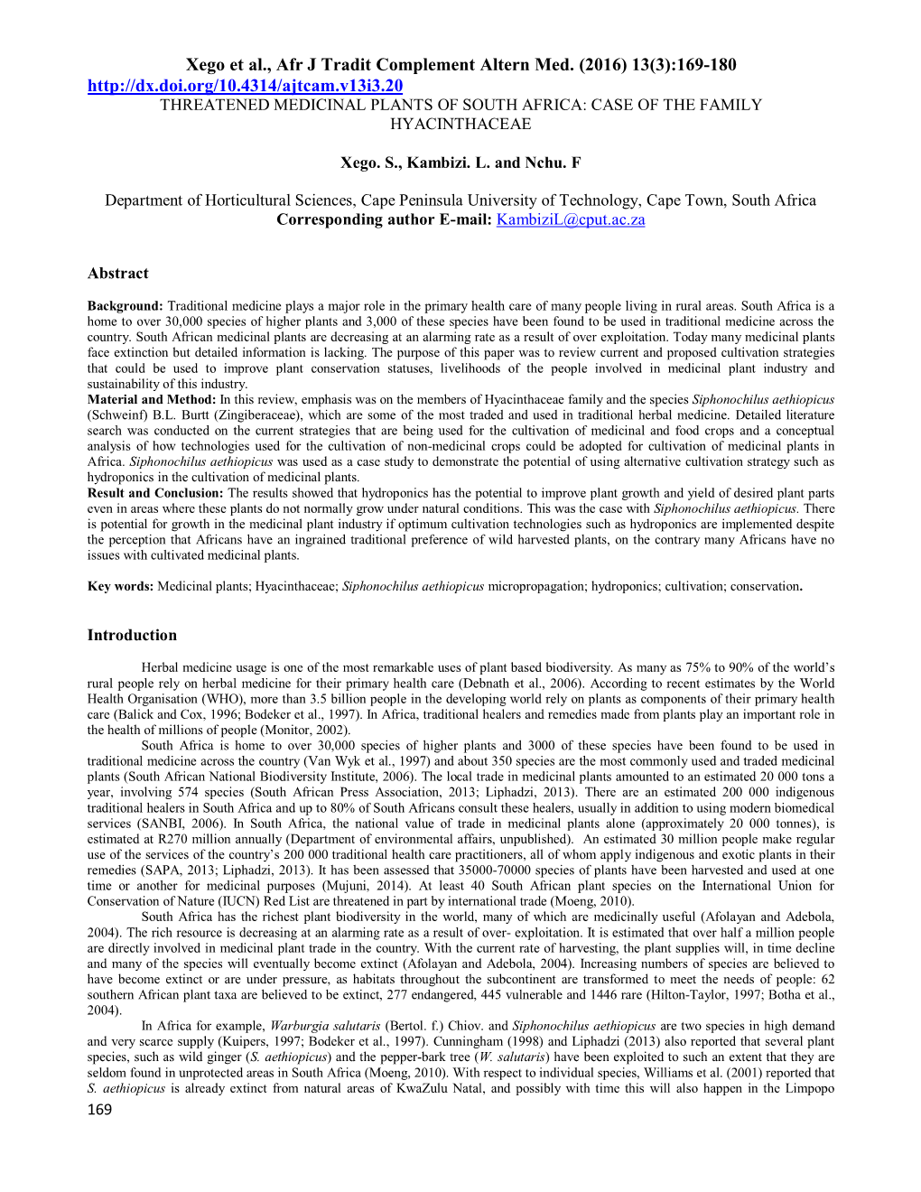 Xego Et Al., Afr J Tradit Complement Altern Med. (2016) 13(3):169-180