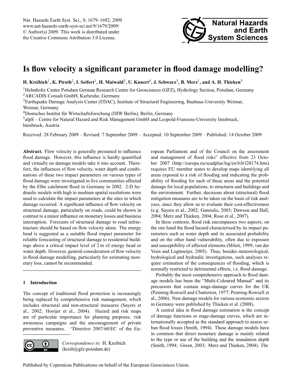 Is Flow Velocity a Significant Parameter in Flood Damage Modelling?