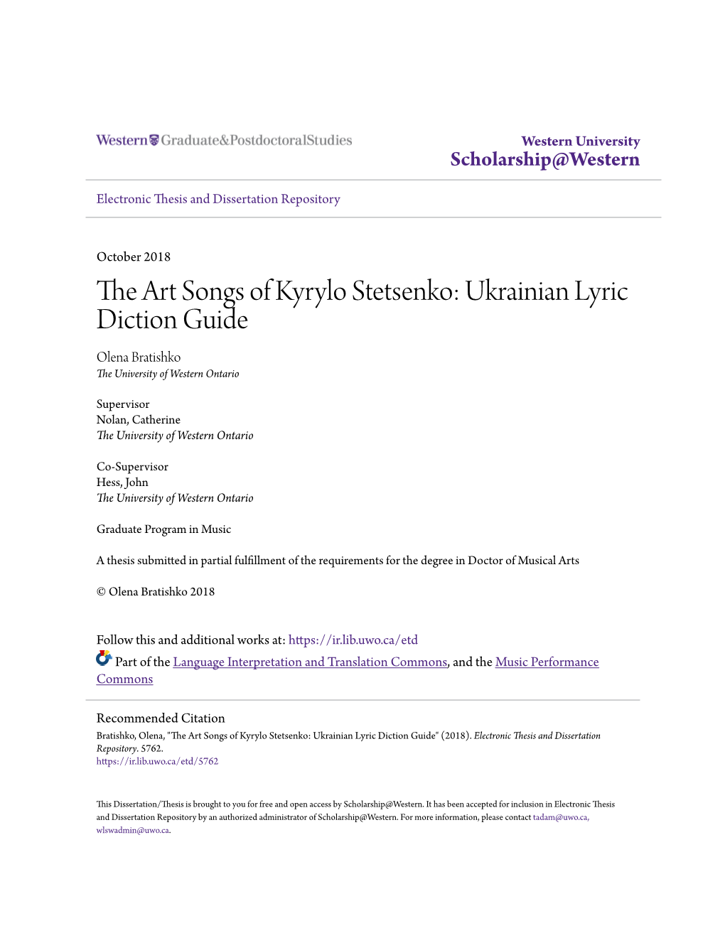 The Art Songs of Kyrylo Stetsenko: Ukrainian Lyric Diction Guide Olena Bratishko the University of Western Ontario