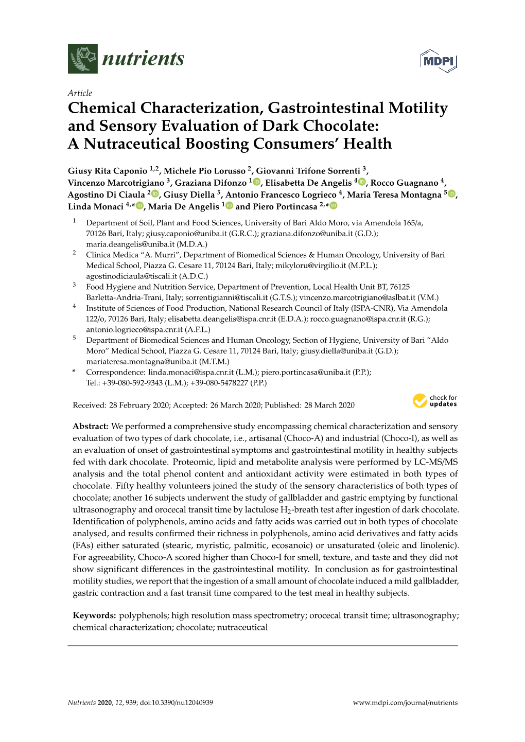 Chemical Characterization, Gastrointestinal Motility and Sensory Evaluation of Dark Chocolate: a Nutraceutical Boosting Consumers’ Health