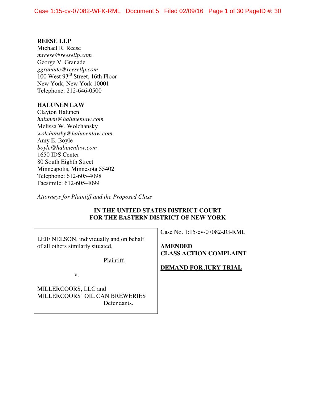 Case 1:15-Cv-07082-WFK-RML Document 5 Filed 02/09/16 Page 1 of 30 Pageid #: 30