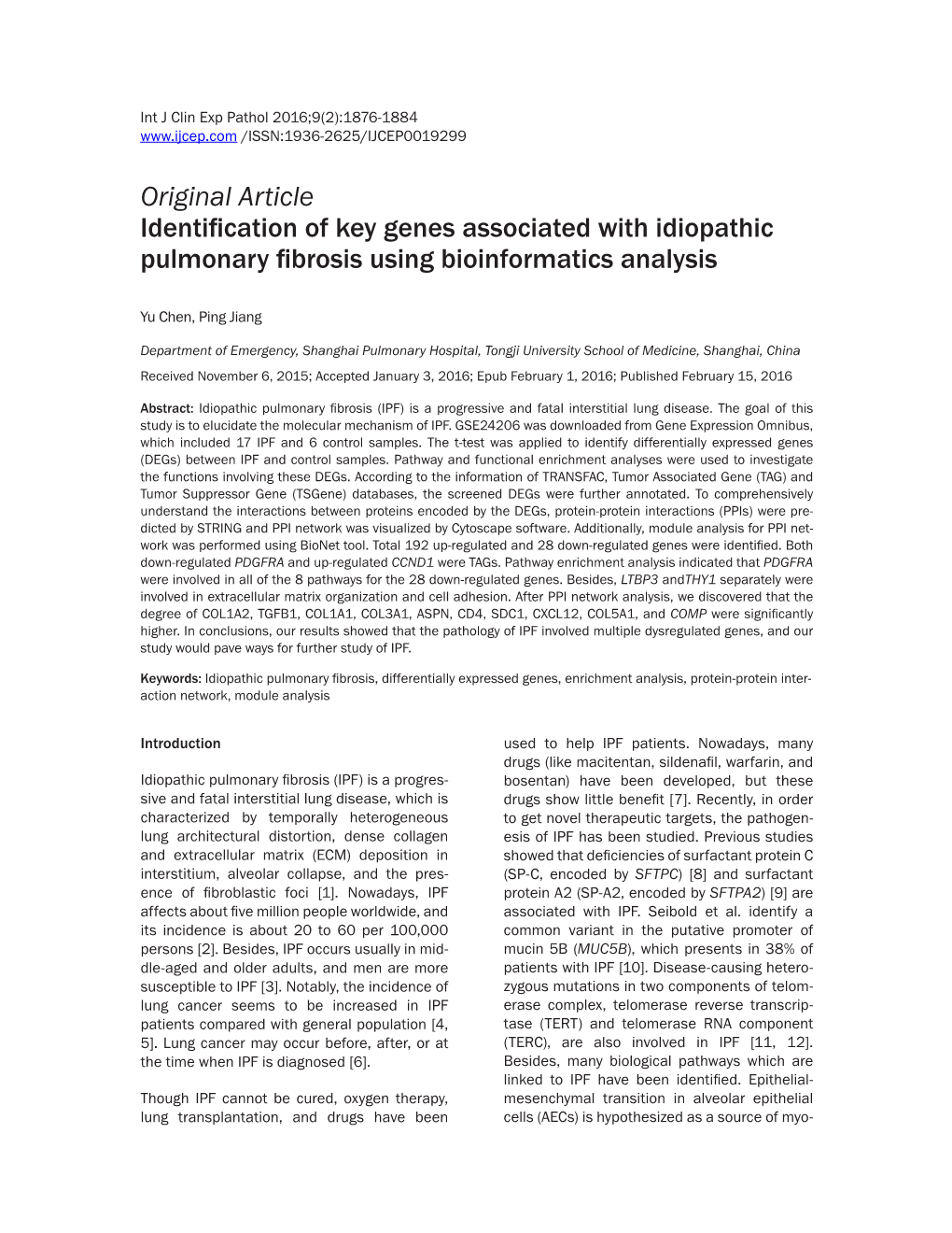 Original Article Identification of Key Genes Associated with Idiopathic Pulmonary Fibrosis Using Bioinformatics Analysis