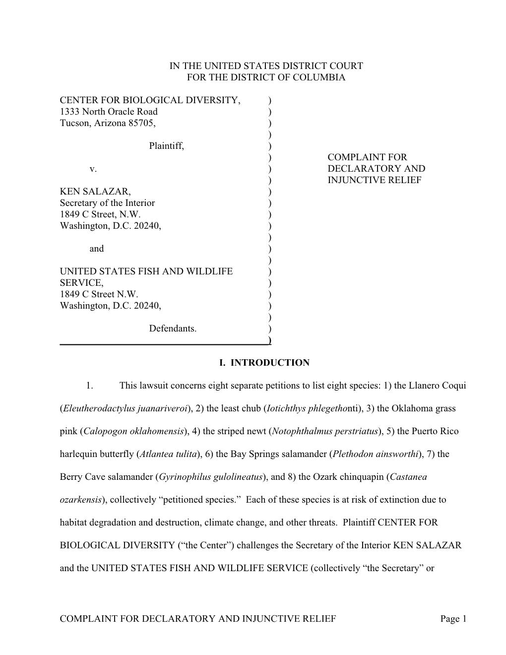 COMPLAINT for DECLARATORY and INJUNCTIVE RELIEF Page 1 “FWS”) Over Violations of Section 4 of the Endangered Species Act, 16 U.S.C