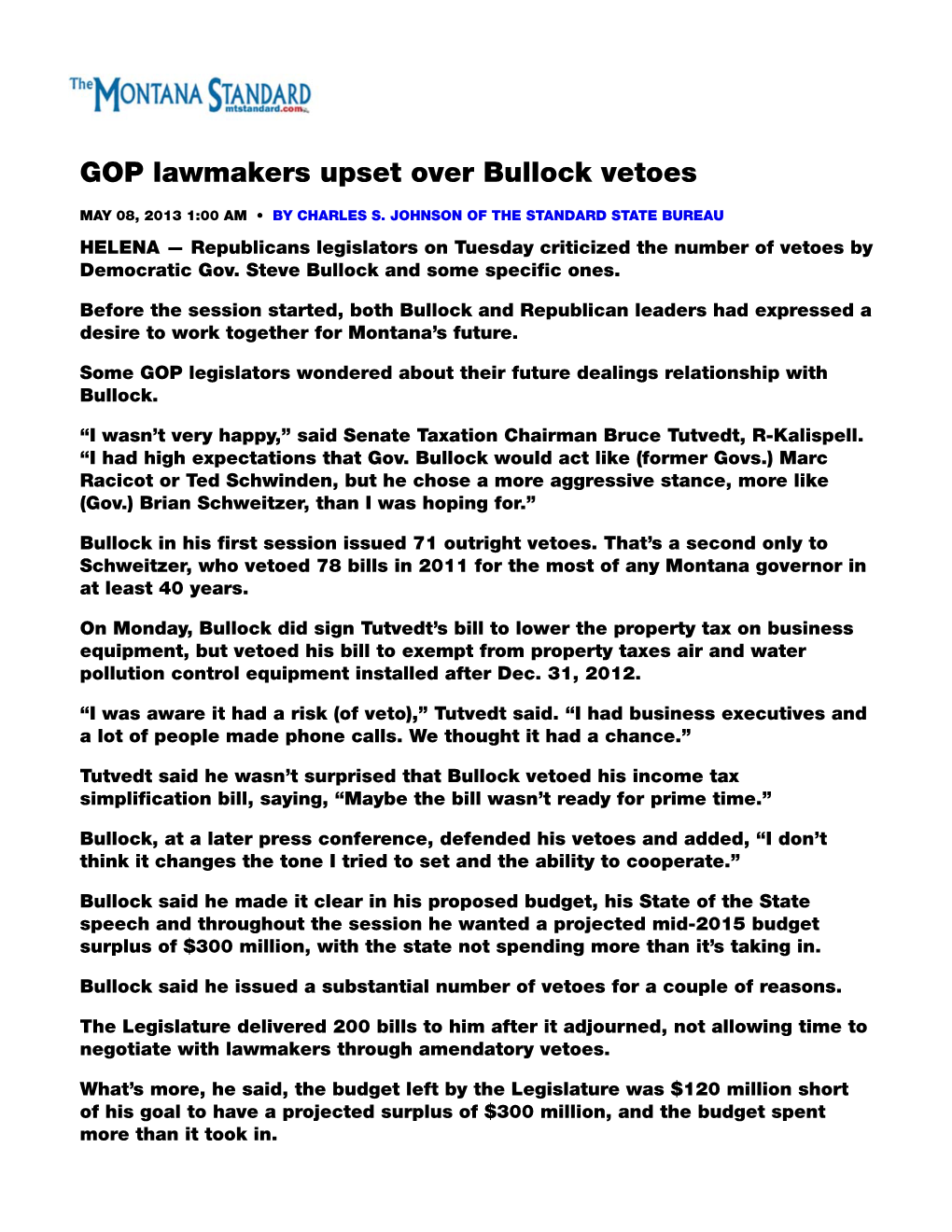 GOP Lawmakers Upset Over Bullock Vetoes