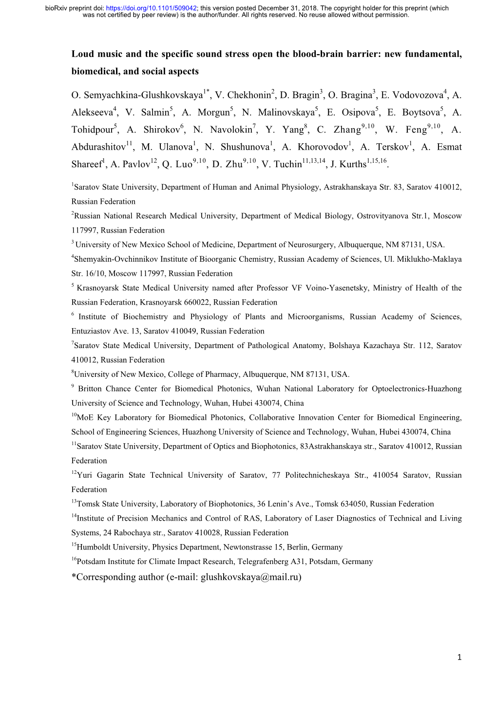 Loud Music and the Specific Sound Stress Open the Blood-Brain Barrier: New Fundamental, Biomedical, and Social Aspects