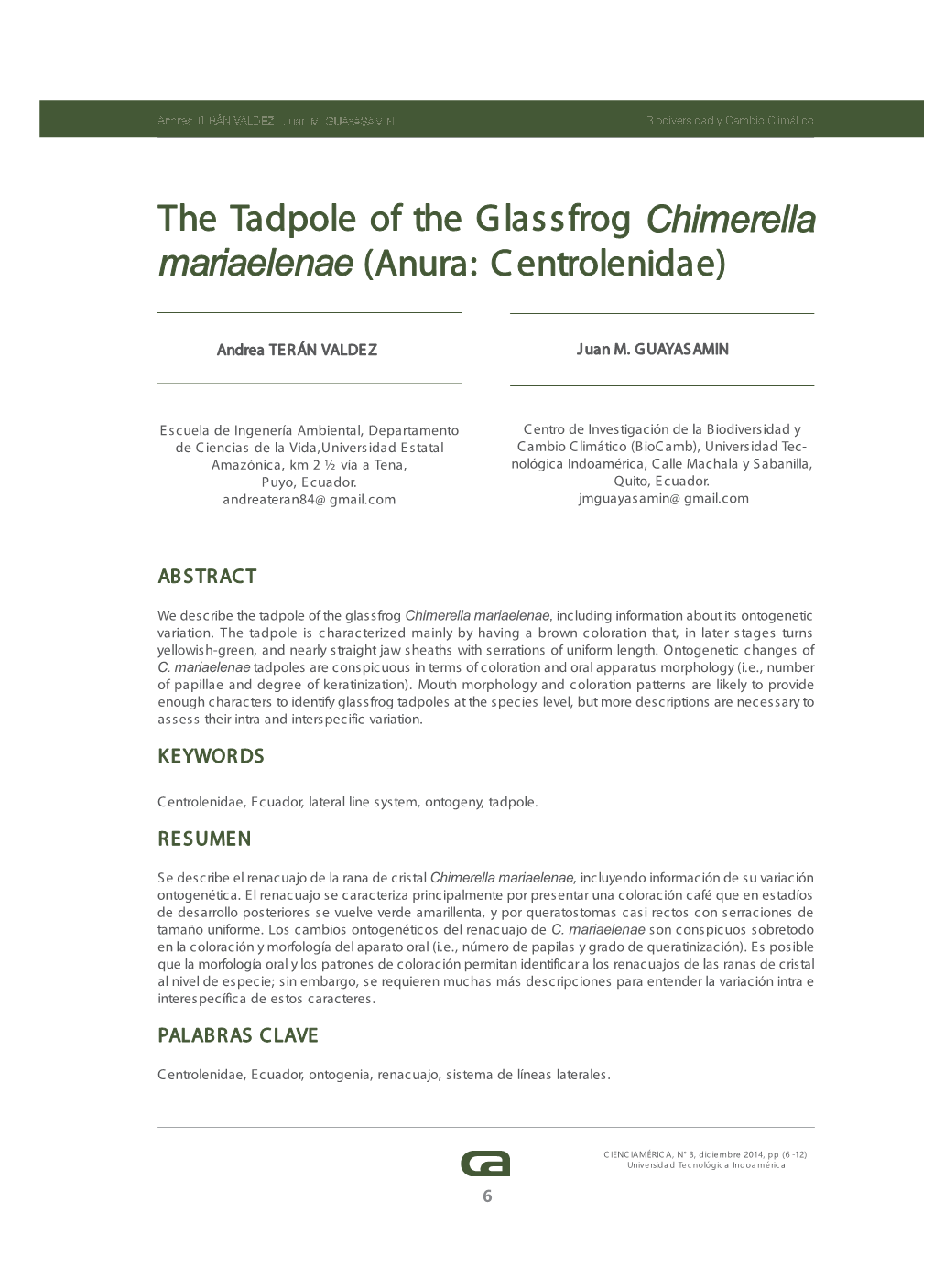 The Tadpole of the Glassfrog Chimerella Mariaelenae (Anura: Centrolenidae)