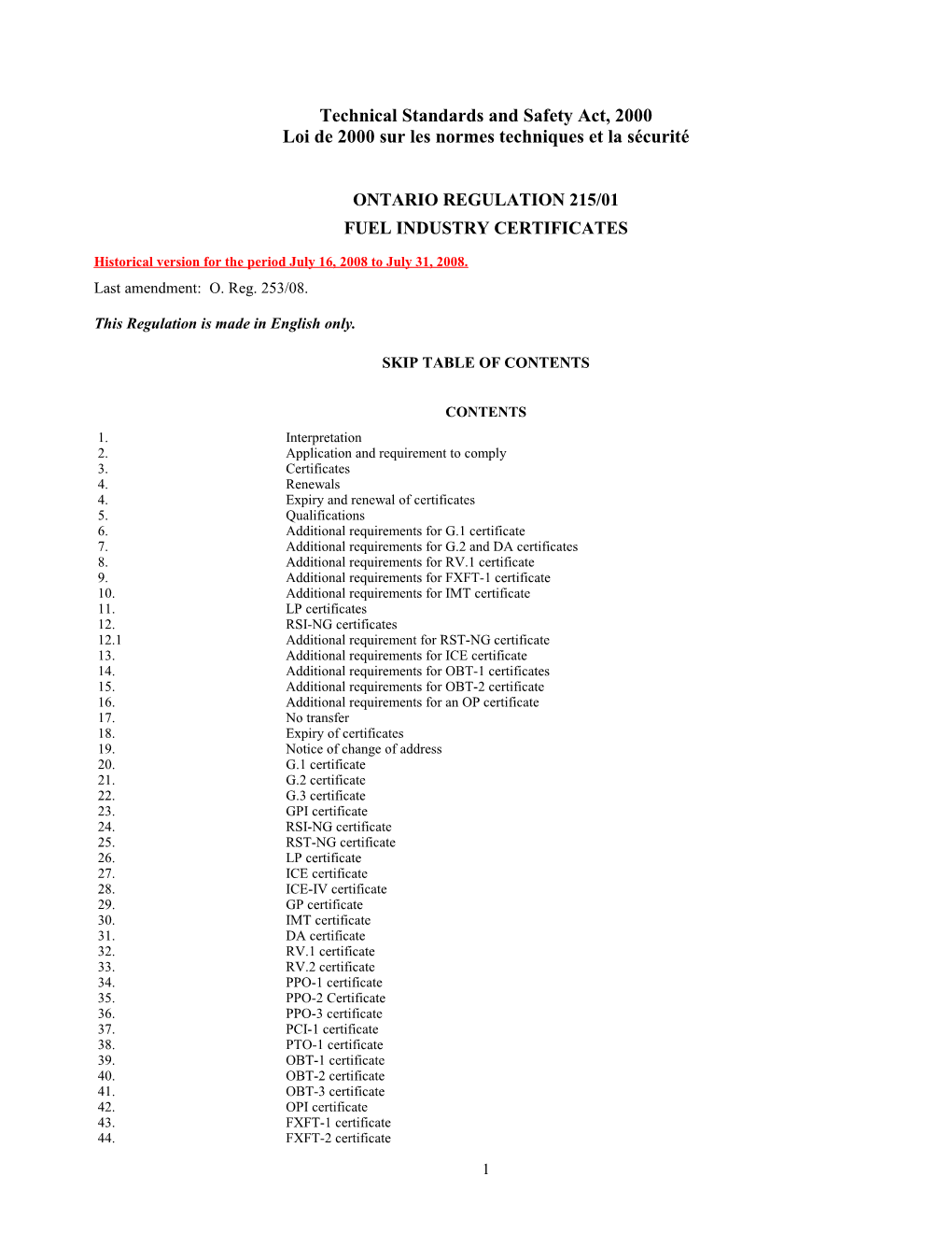 Technical Standards and Safety Act, 2000 - O. Reg. 215/01