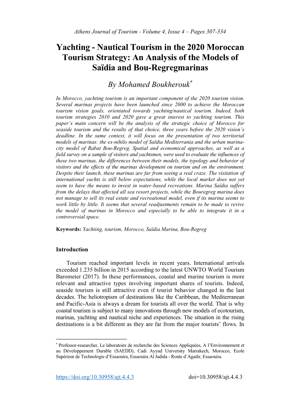 Yachting - Nautical Tourism in the 2020 Moroccan Tourism Strategy: an Analysis of the Models of Saïdia and Bou-Regregmarinas