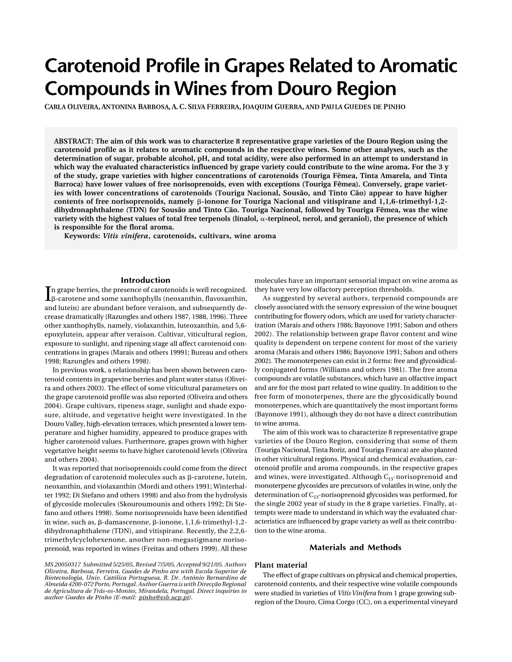 Carotenoid Profile in Grapes Related to Aromatic Compounds in Wines from Douro Region CARLA OLIVEIRA, ANTONINA BARBOSA, A