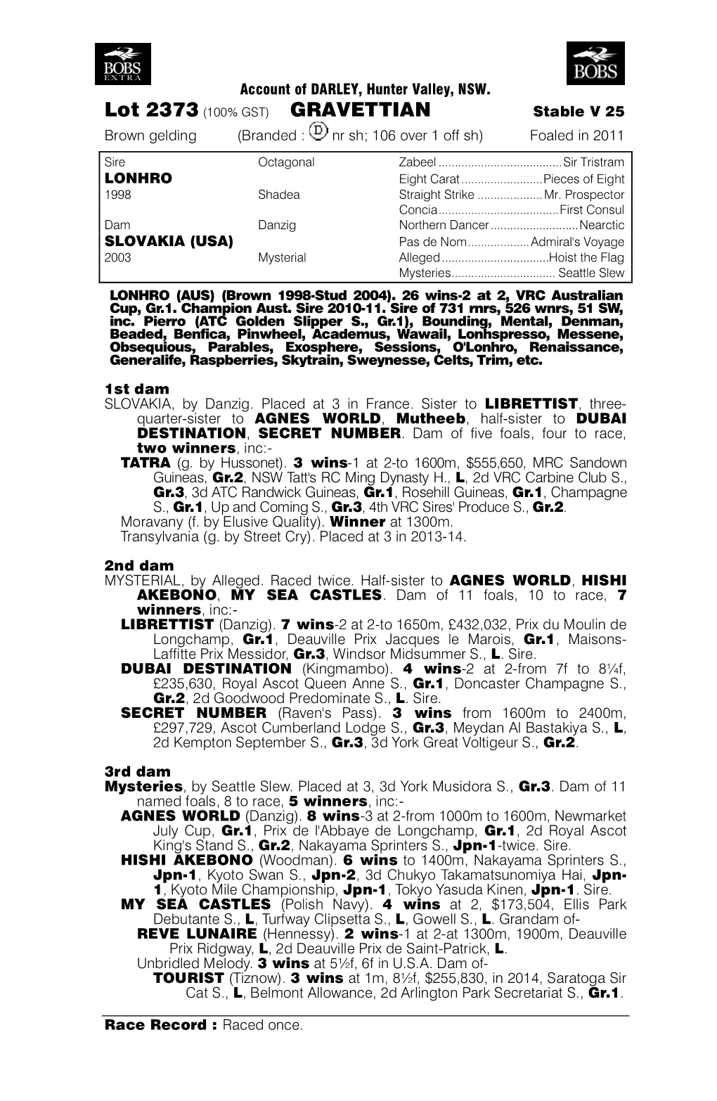 GRAVETTIAN Stable V 25 Brown Gelding (Branded : Nr Sh; 106 Over 1 Off Sh) Foaled in 2011