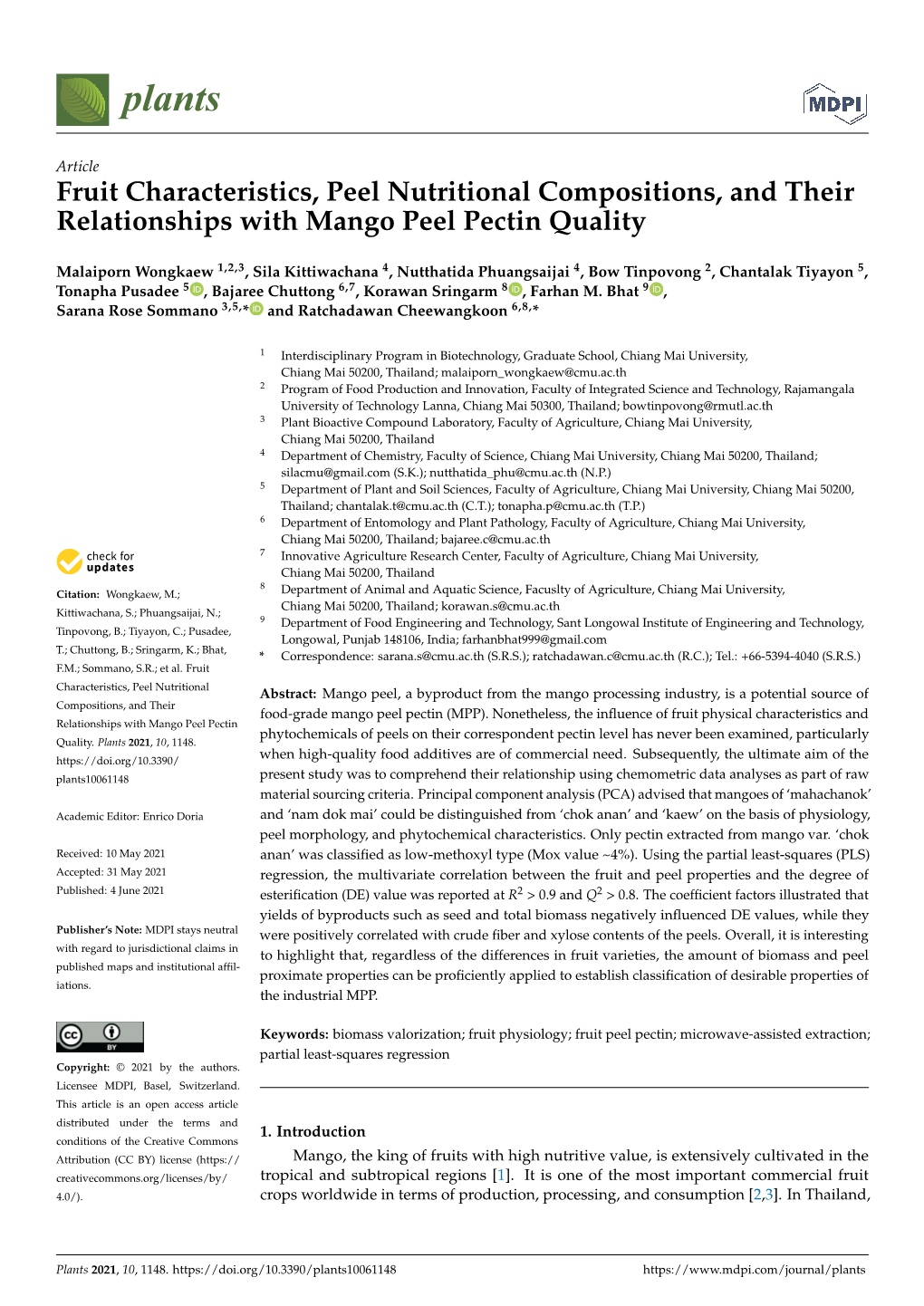 Fruit Characteristics, Peel Nutritional Compositions, and Their Relationships with Mango Peel Pectin Quality