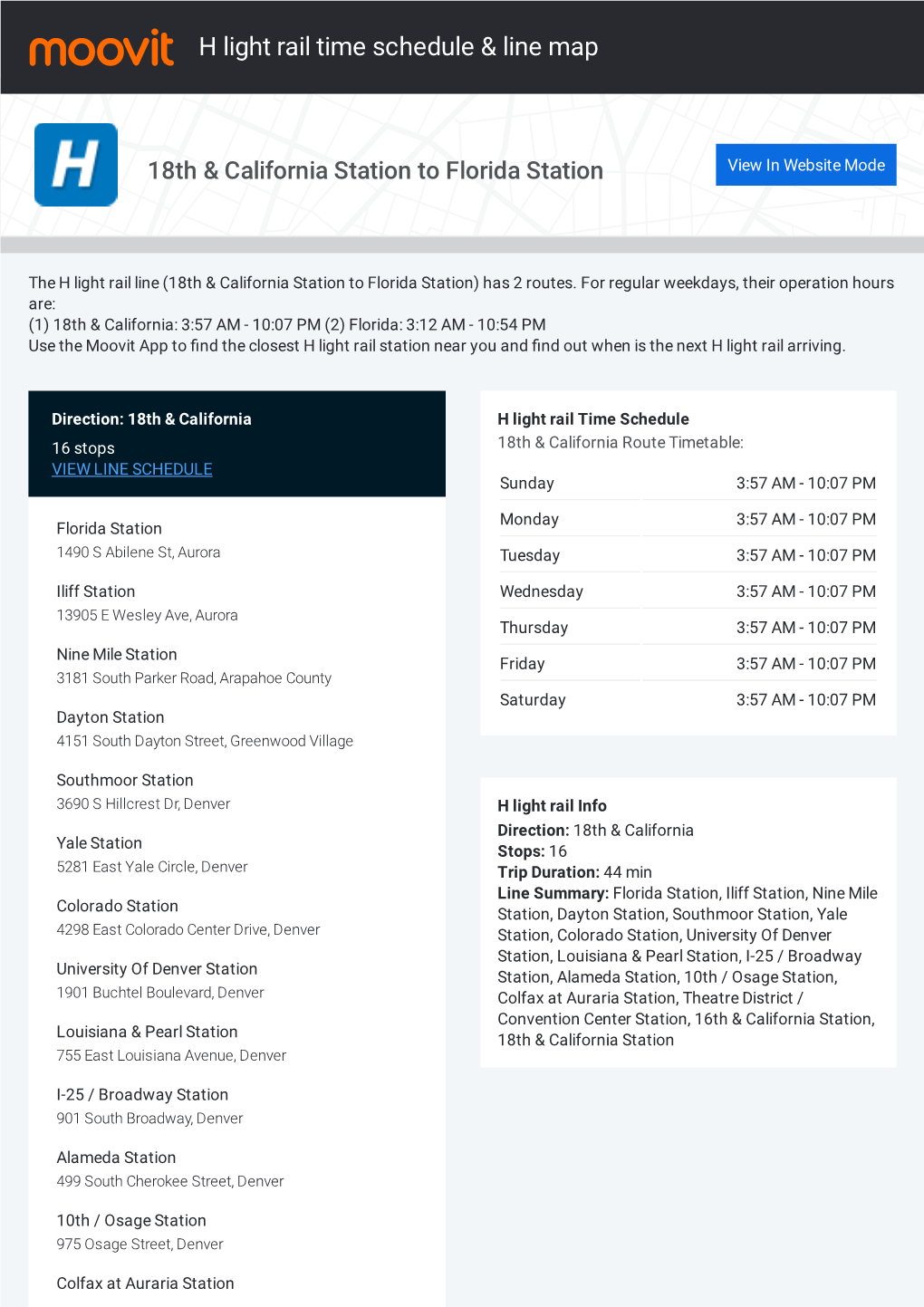 H Light Rail Time Schedule & Line Route