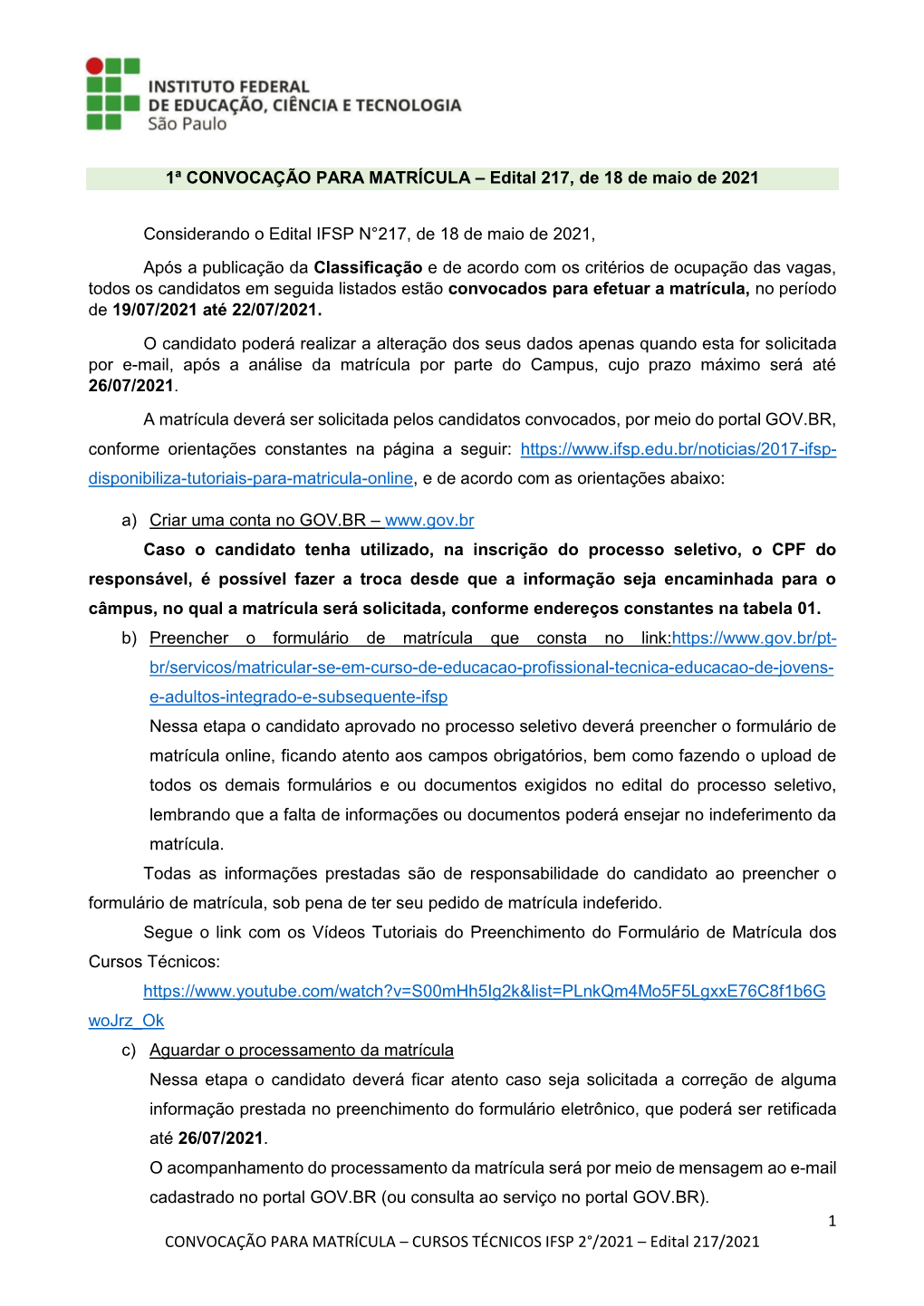 CONVOCAÇÃO PARA MATRÍCULA – Edital 217, De 18 De Maio De 2021