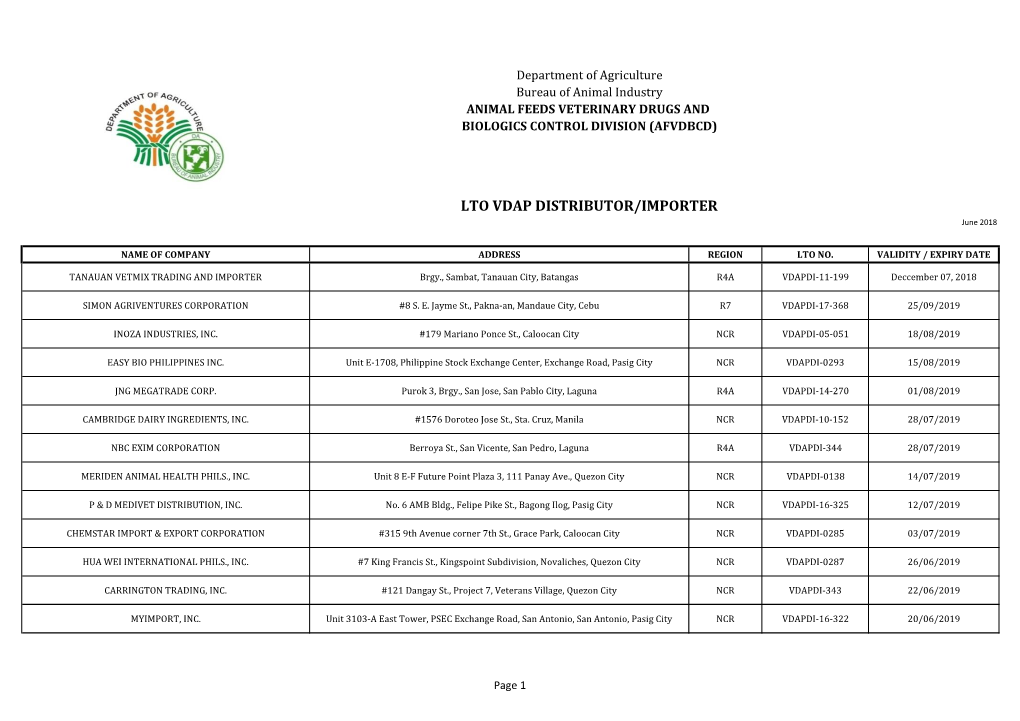 LTO VDAP DISTRIBUTOR/IMPORTER June 2018