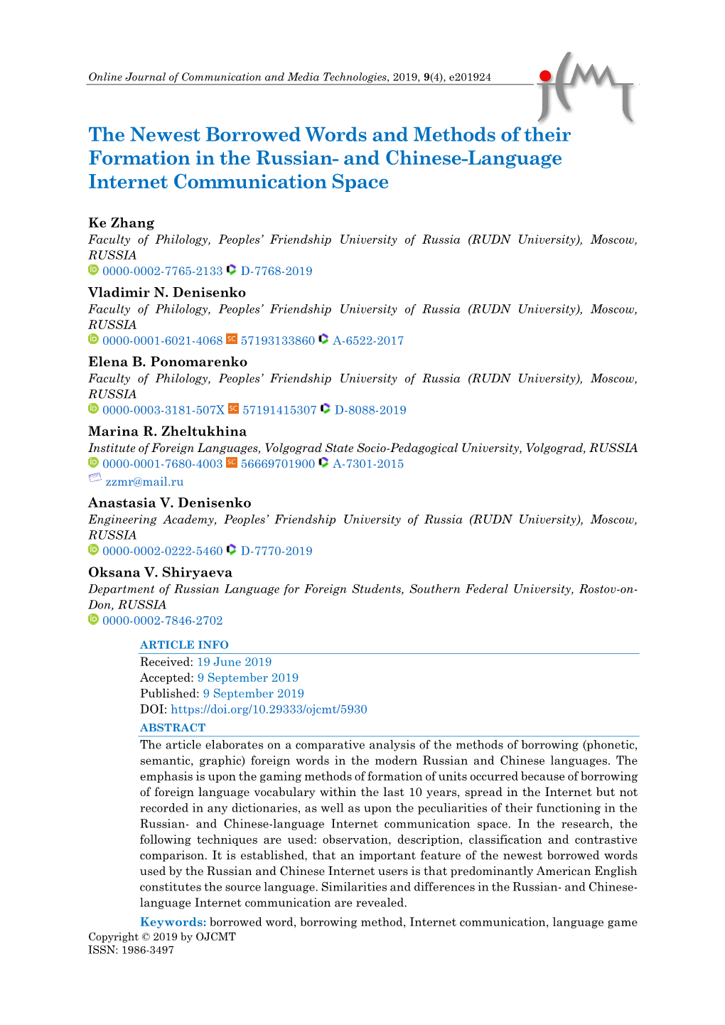 The Newest Borrowed Words and Methods of Their Formation in the Russian- and Chinese-Language Internet Communication Space