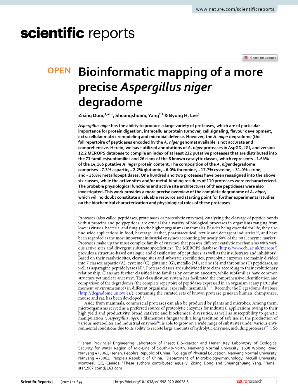 Bioinformatic Mapping of a More Precise Aspergillus Niger Degradome Zixing Dong1,4*, Shuangshuang Yang2,4 & Byong H