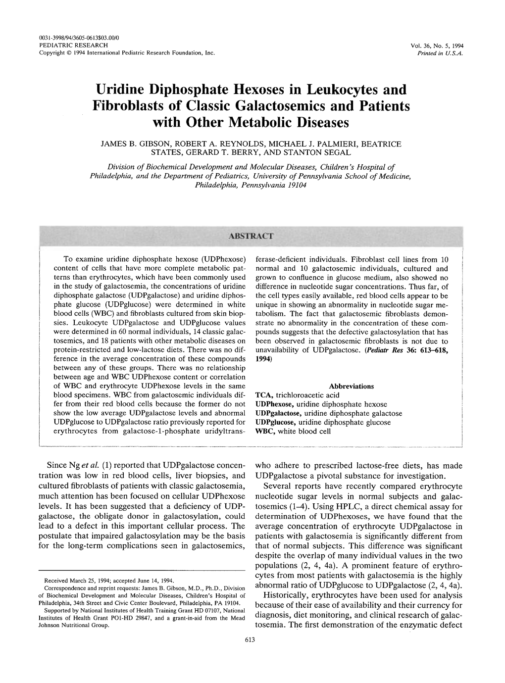 Uridine Diphosphate Hexoses in Leukocytes and Fibroblasts of Classic Galactosemics and Patients with Other Metabolic Diseases