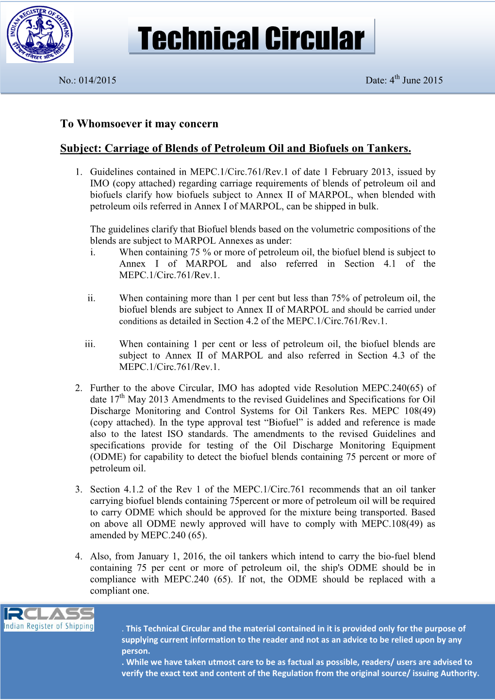 No:14/2015 Carriage of Blends of Petroleum Oil