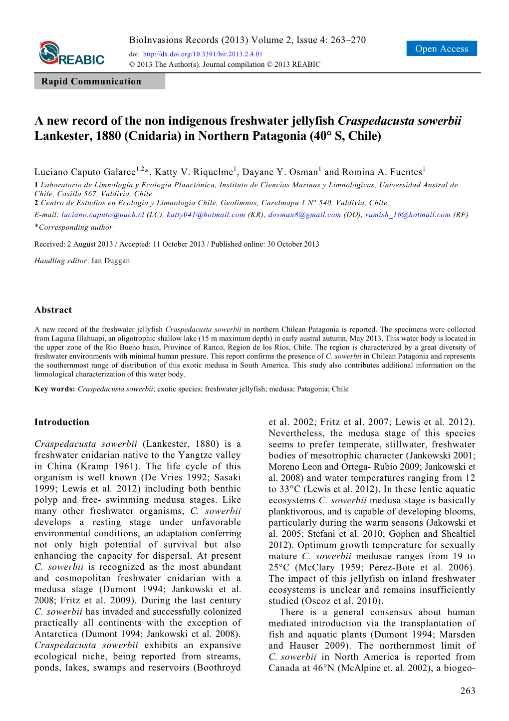 A New Record of the Non Indigenous Freshwater Jellyfish Craspedacusta Sowerbii Lankester, 1880 (Cnidaria) in Northern Patagonia (40° S, Chile)