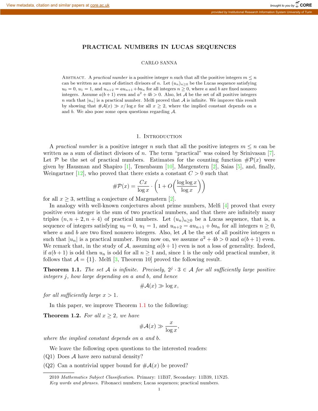 PRACTICAL NUMBERS in LUCAS SEQUENCES 1. Introduction A