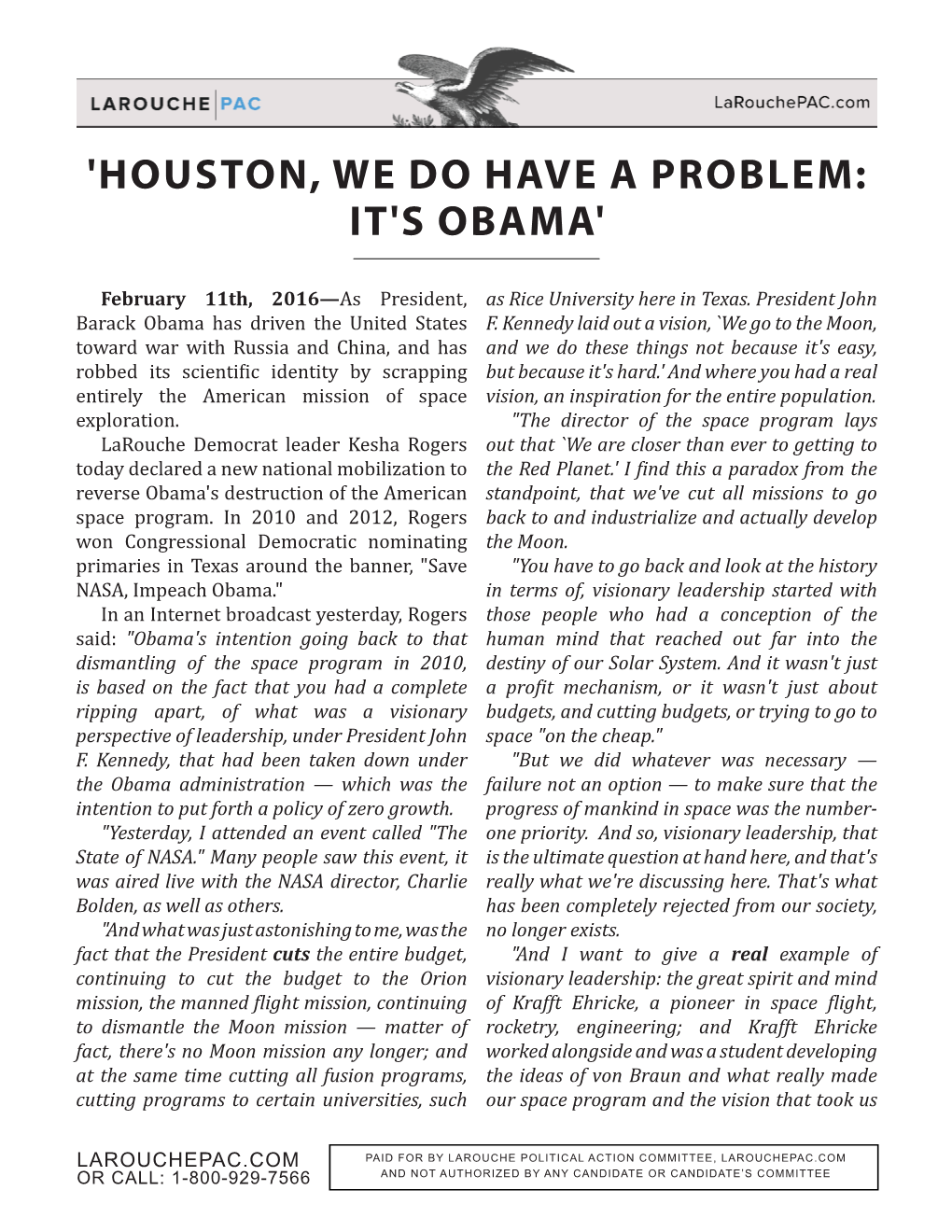 'Houston, We Do Have a Problem: It's Obama'