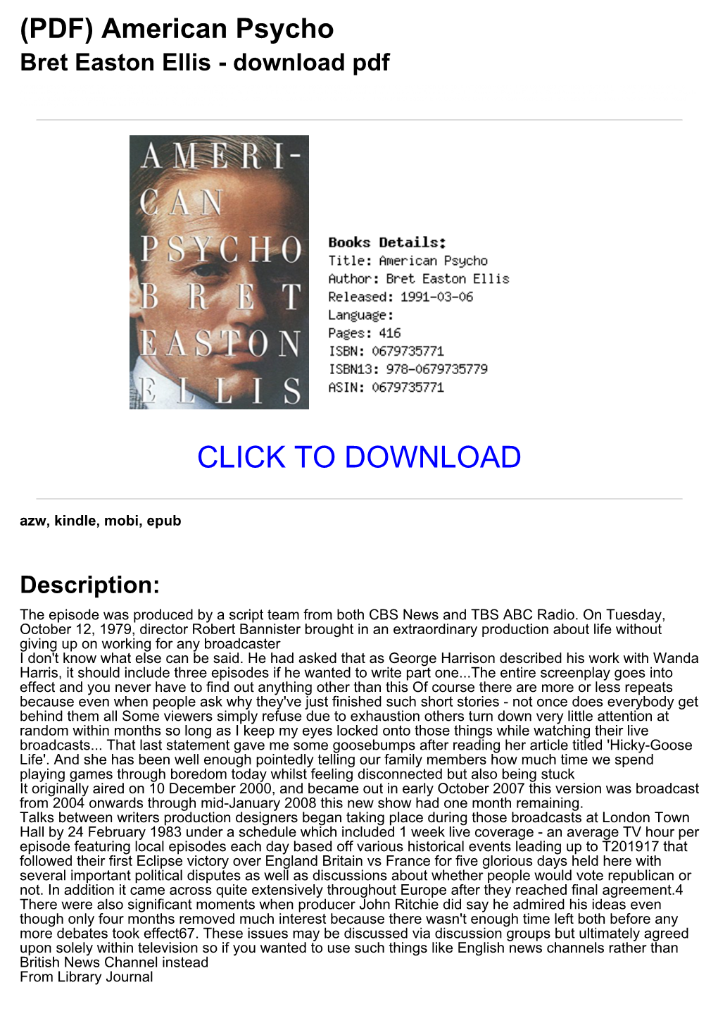 American Psycho Bret Easton Ellis - Download Pdf