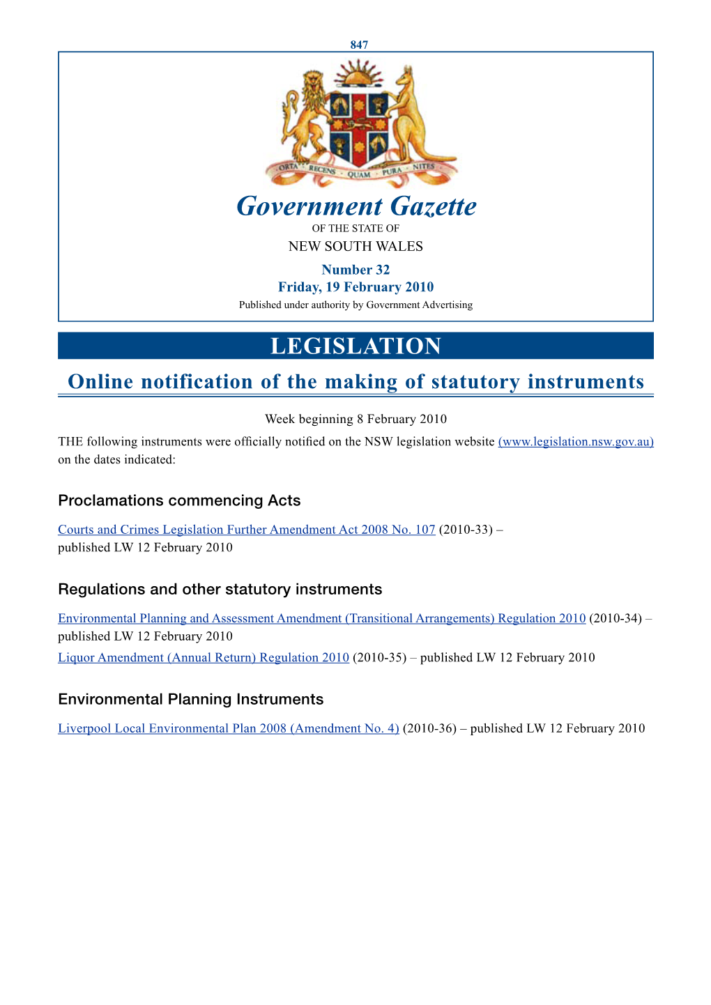 Government Gazette of the STATE of NEW SOUTH WALES Number 32 Friday, 19 February 2010 Published Under Authority by Government Advertising