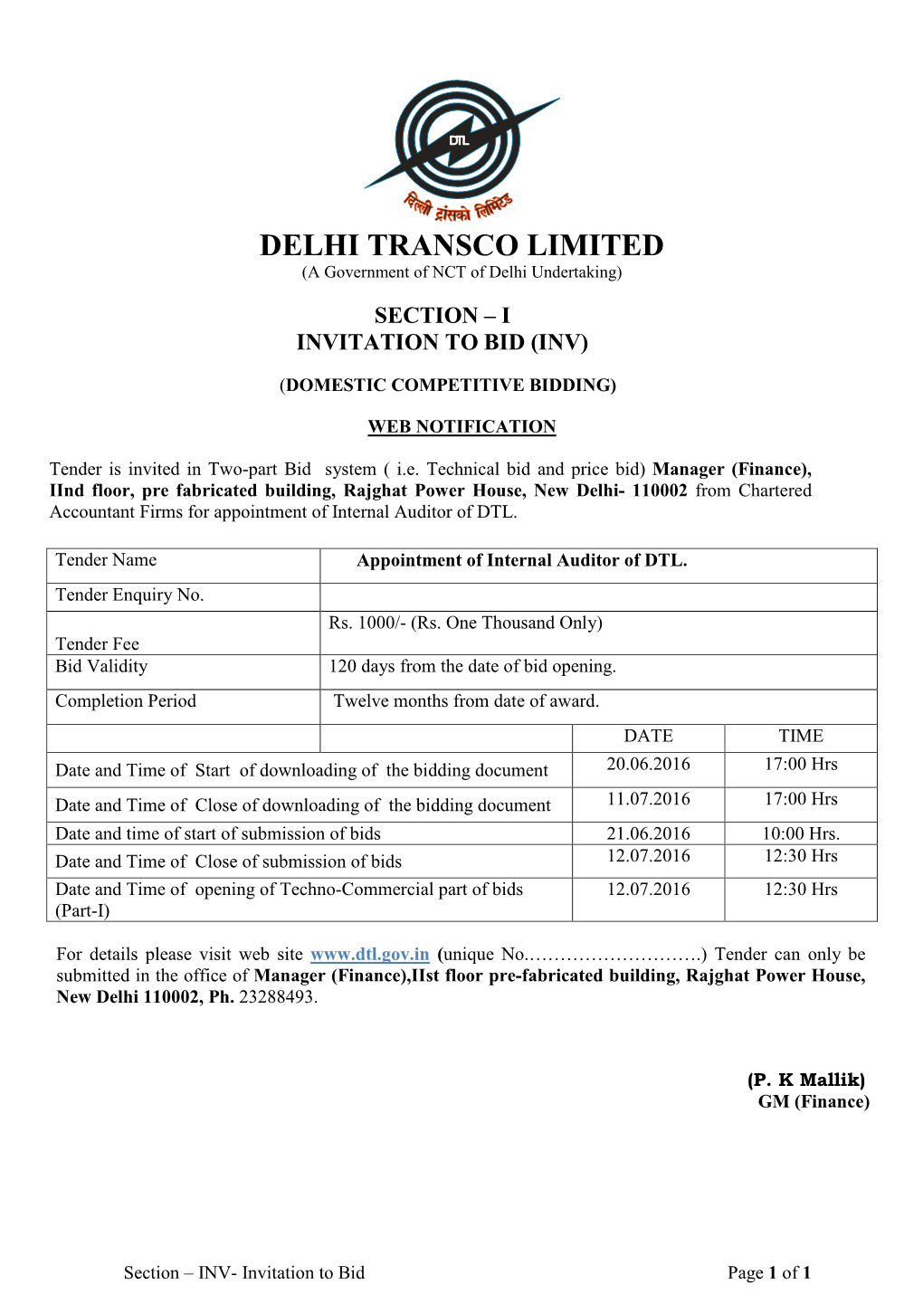 DELHI TRANSCO LIMITED (A Government of NCT of Delhi Undertaking)