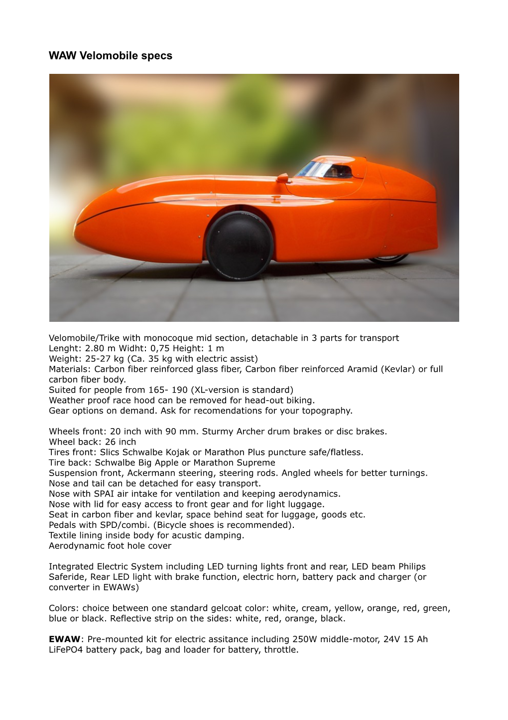 WAW Velomobile Specs