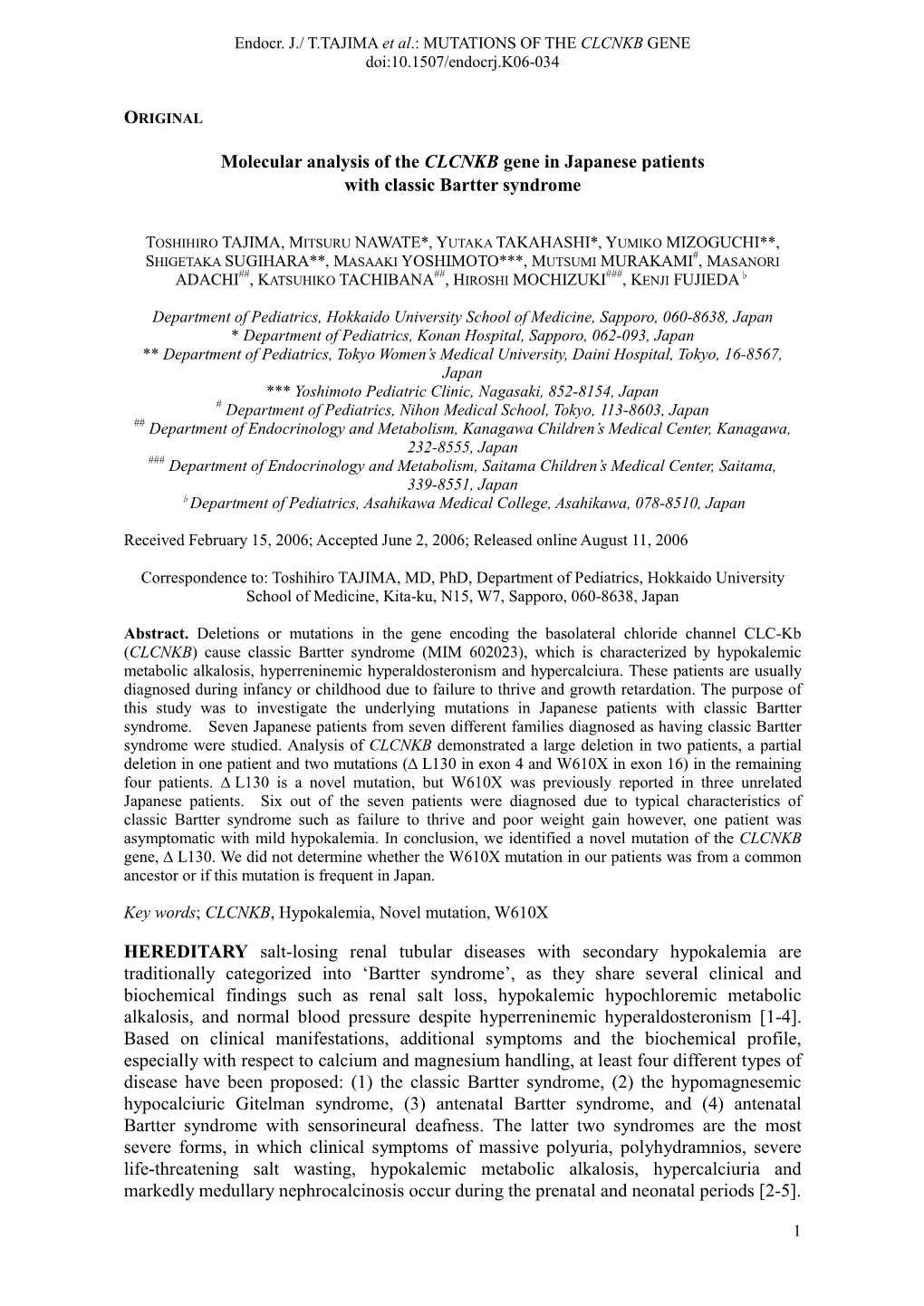 Molecular Analysis of the CLCNKB Gene in Japanese Patients with Classic Bartter Syndrome