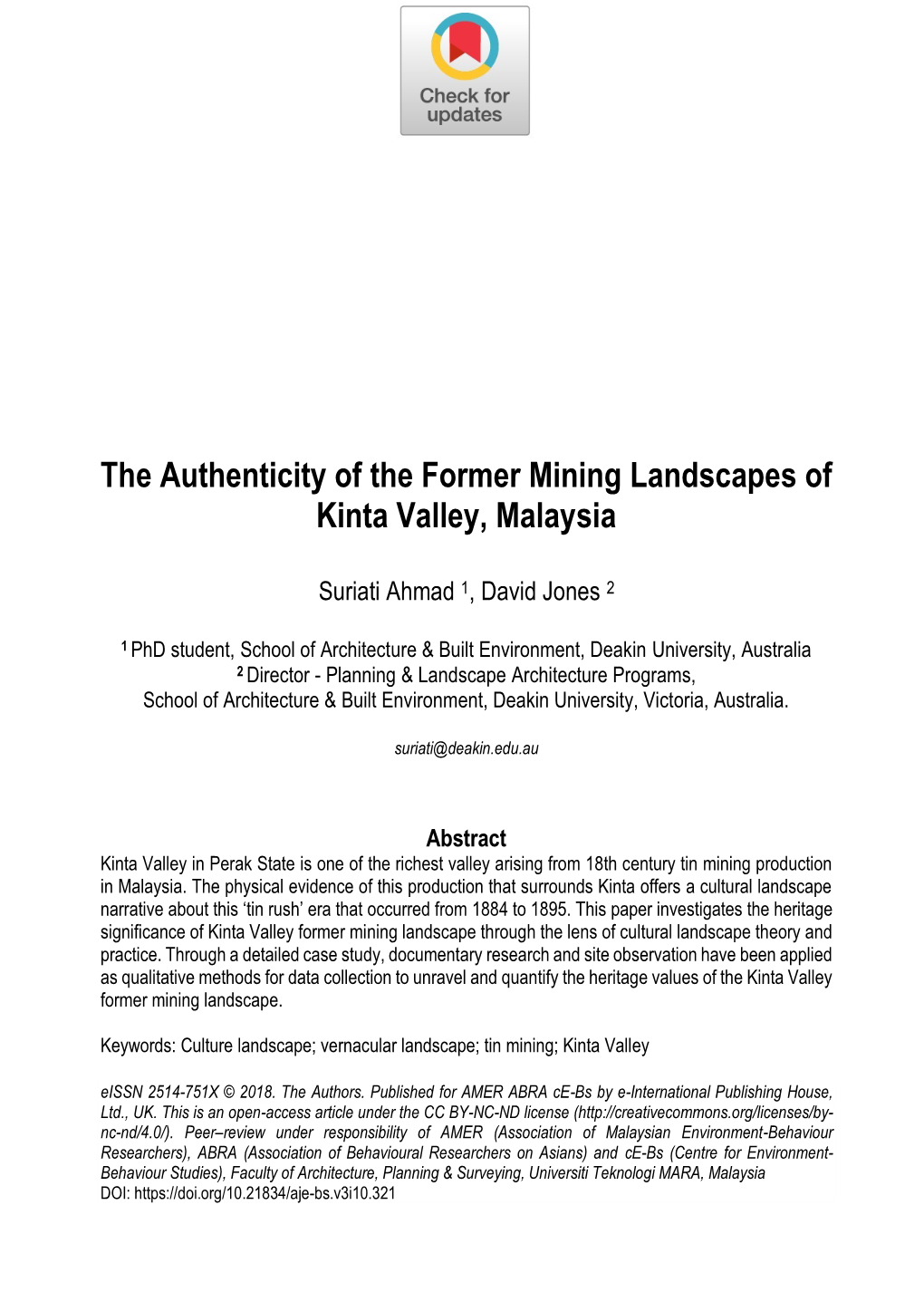 The Authenticity of the Former Mining Landscapes of Kinta Valley, Malaysia