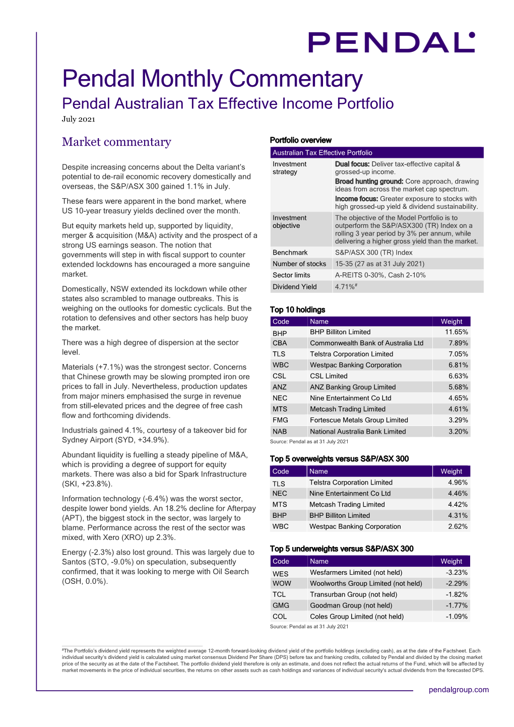 Pendal Monthly Commentary Pendal Australian Tax Effective Income Portfolio July 2021