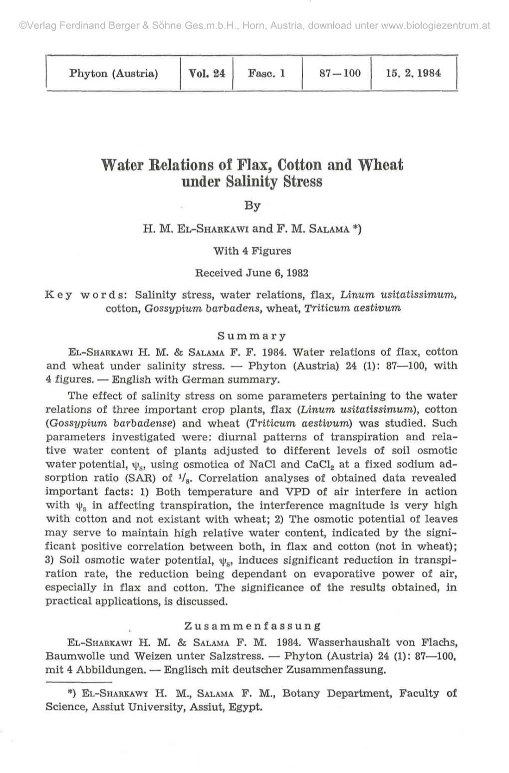 Water Relations of Flax, Cotton and Wheat Under Salinity Stress By