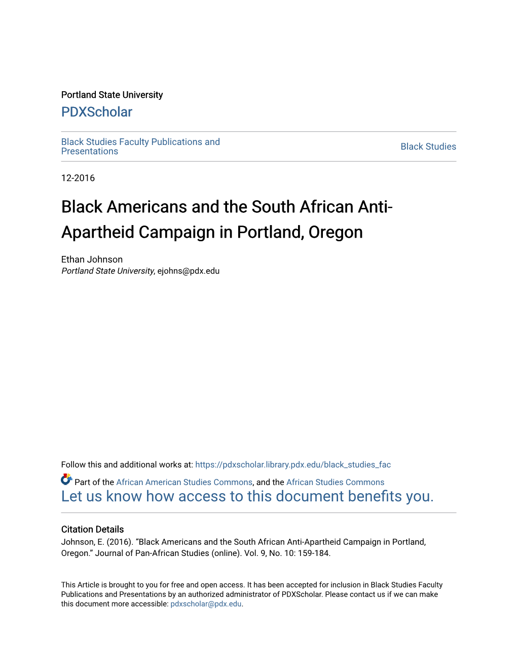 Black Americans and the South African Anti-Apartheid Campaign in Portland, Oregon.” Journal of Pan-African Studies (Online)