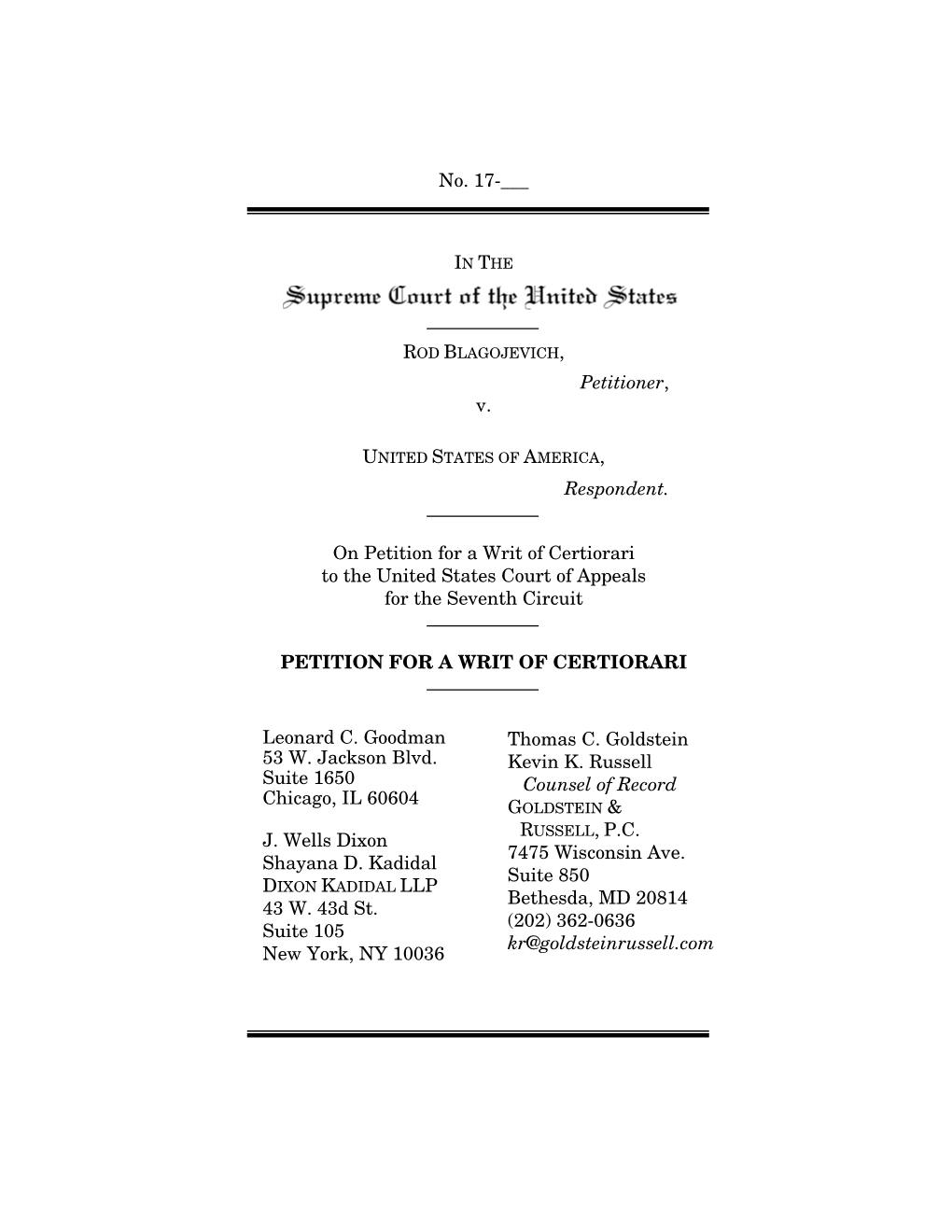 Petitioner, V. Respondent. on Petition for a Writ of Certiorari to the United States Court of Appeals for the Seventh