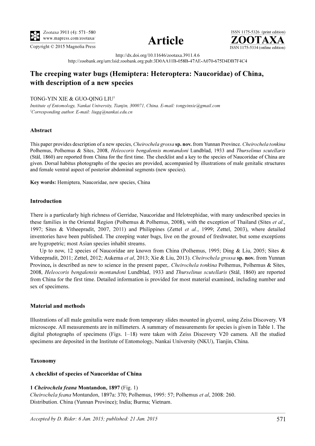 The Creeping Water Bugs (Hemiptera: Heteroptera: Naucoridae) of China, with Description of a New Species