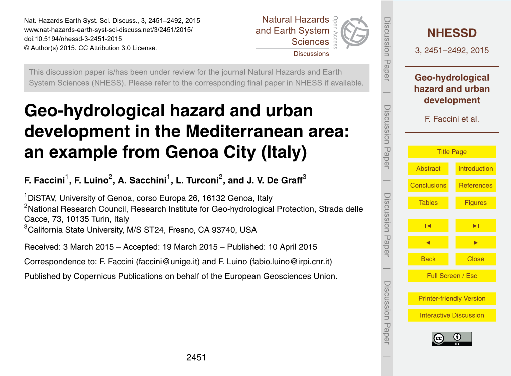 Geo-Hydrological Hazard and Urban Development 2 Geographical Settings of Genoa F