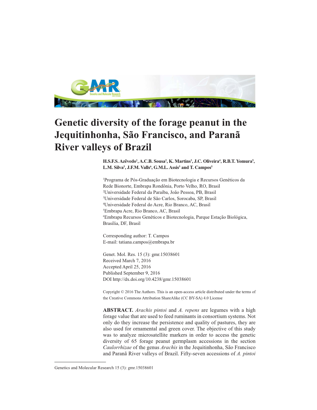 Genetic Diversity of the Forage Peanut in the Jequitinhonha, São Francisco, and Paranã River Valleys of Brazil