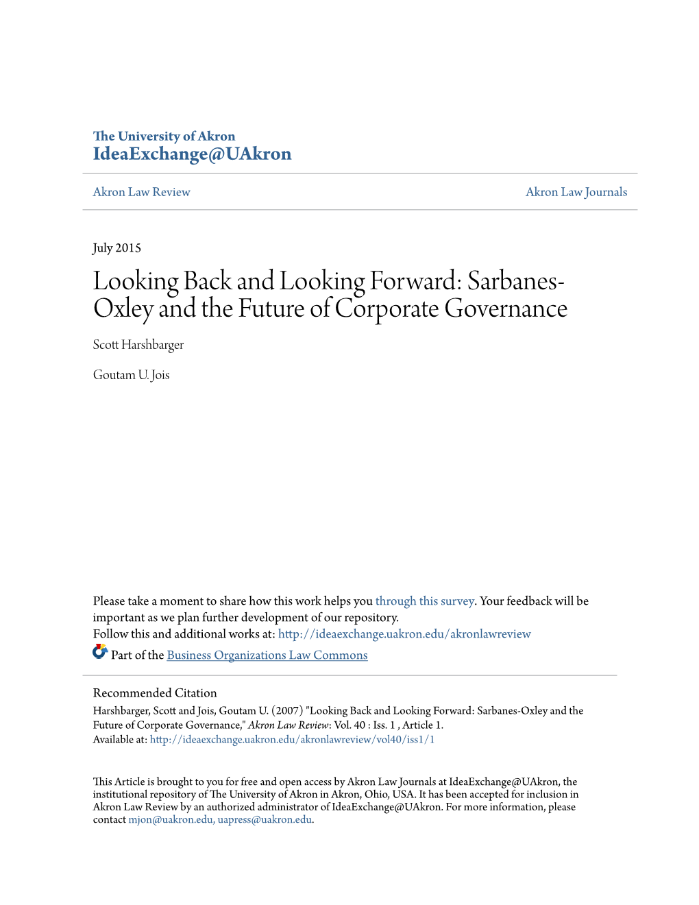 Sarbanes-Oxley and the Future of Corporate Governance," Akron Law Review: Vol